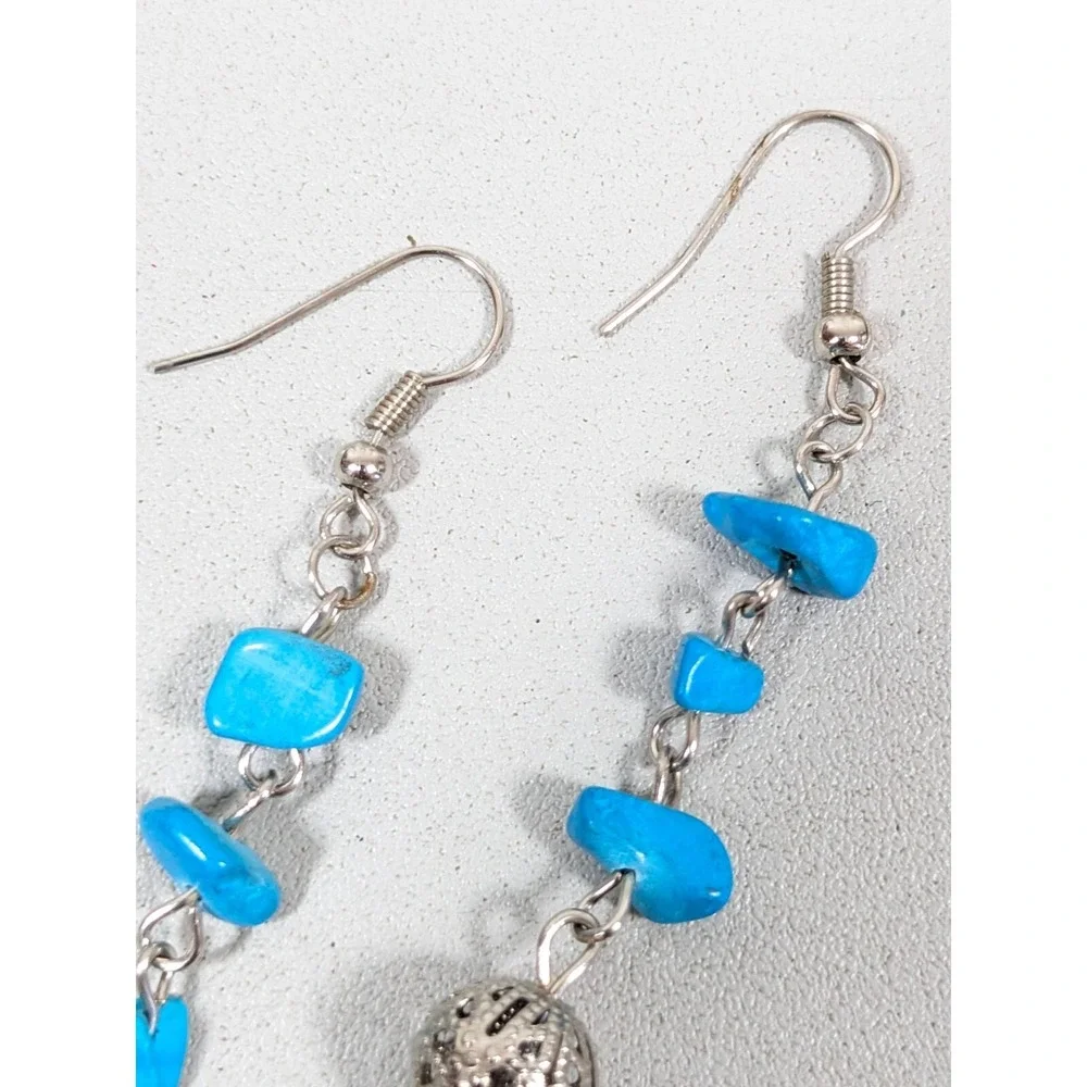 Beachy Coastal Blue Stone Chip Round Filigree‎ Ball Dangle Hook Earrings